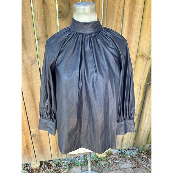 RACHEL COMEY TARGET Navy Faux Leather GOTHIC BACK BUTTON BLOUSE TOP sz XS - Picture 1 of 7